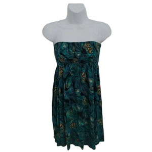 Rusched Dress with Teal  Peacock Feathers, S
